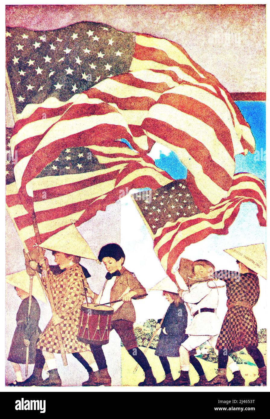 Maxfield Parrish - With Trumpet and Drum - Flag waving American children with drum and trumpet - 1904 Stock Photo