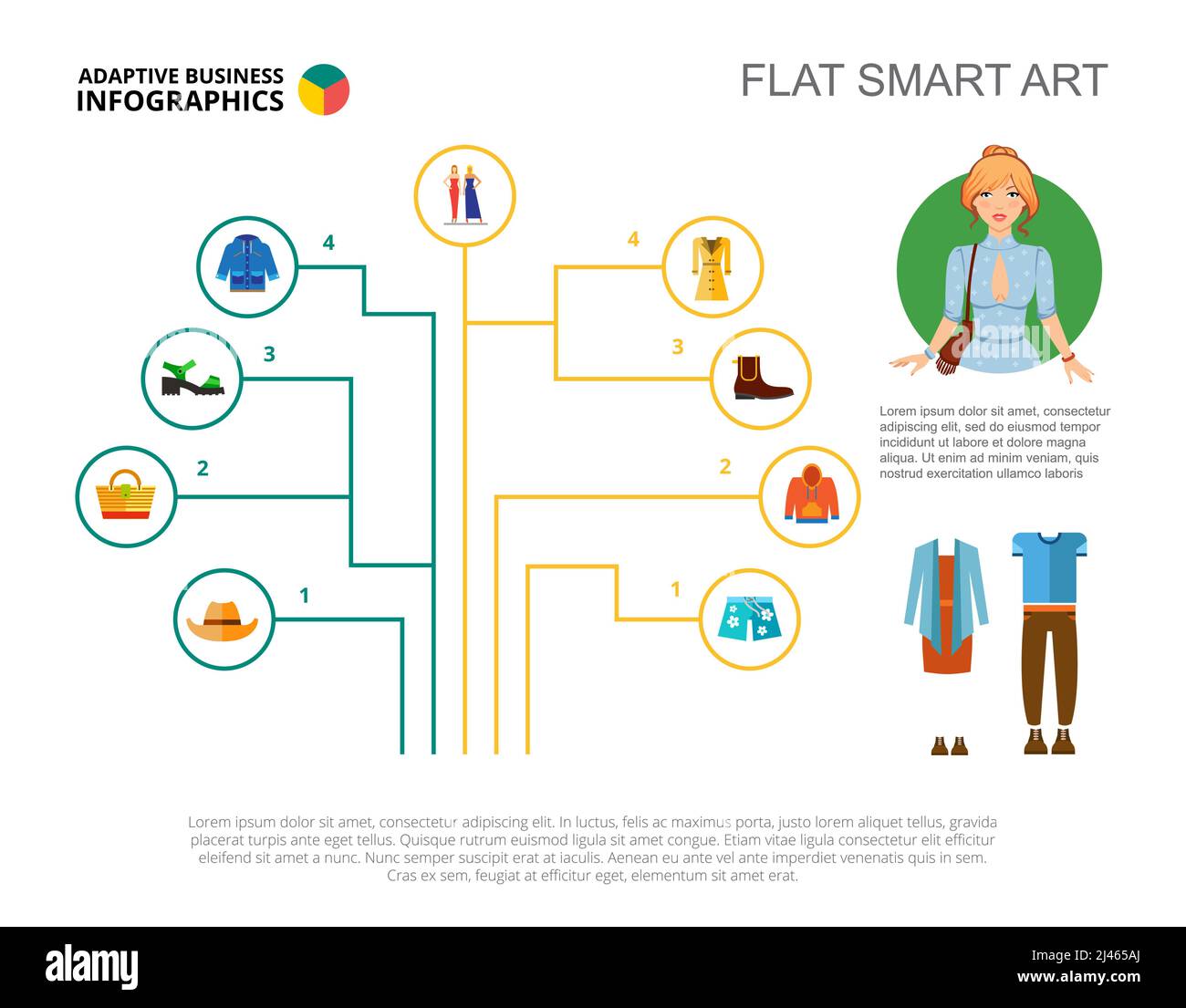 Clothing line flow chart slide template. Business data. Structure, point, design. Creative concept for infographic, report. Can be used for topics lik Stock Vector