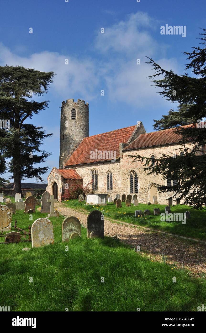 All Saints' Church with round tower, Kirby Cane, South Norfolk, England, UK Stock Photo