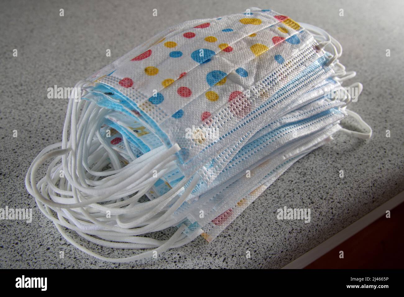 Stack of children's surgical masks. Stock Photo