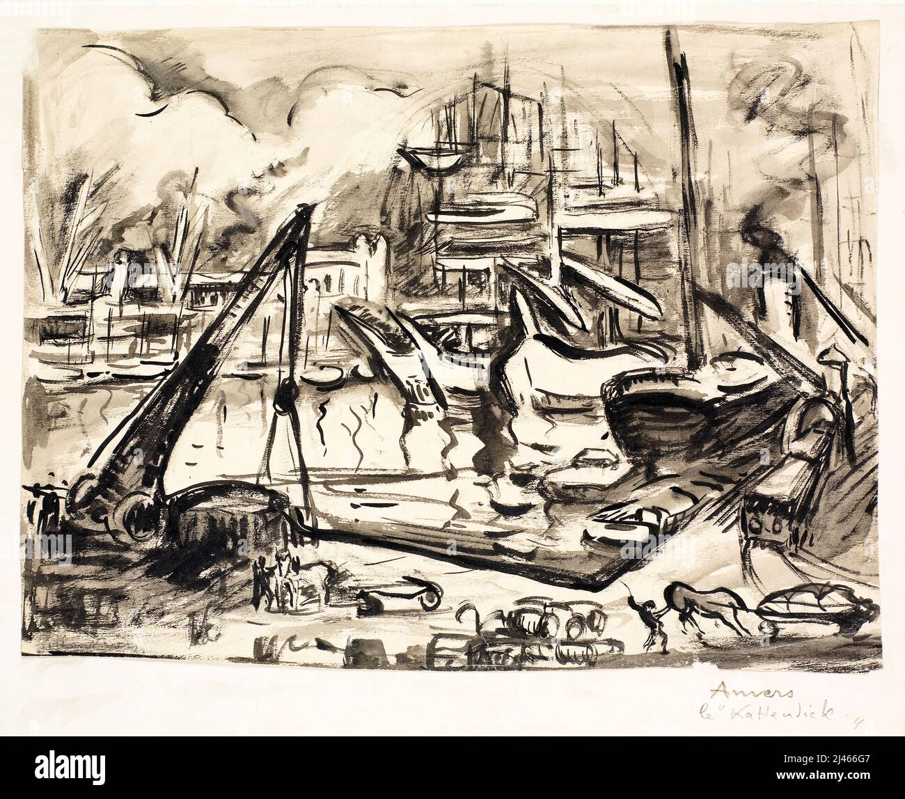 Othon Friesz, The harbor basin Kattendick in Antwerp, painting in black and gray ink, 1906 Stock Photo