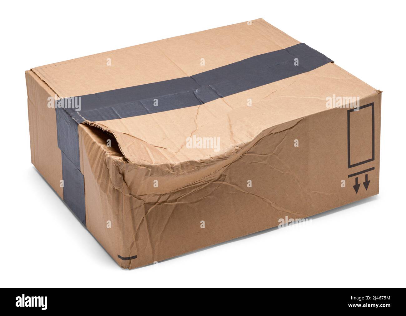 Crushed Cardboard Box Cut Out on White. Stock Photo