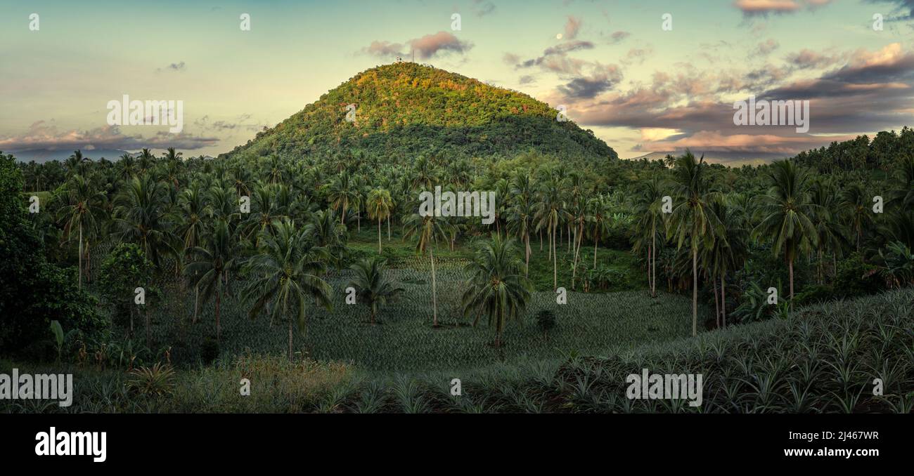 Lone mountain standing tall partially lighted at sunrise in Calauan, Laguna, Philippines. Stock Photo