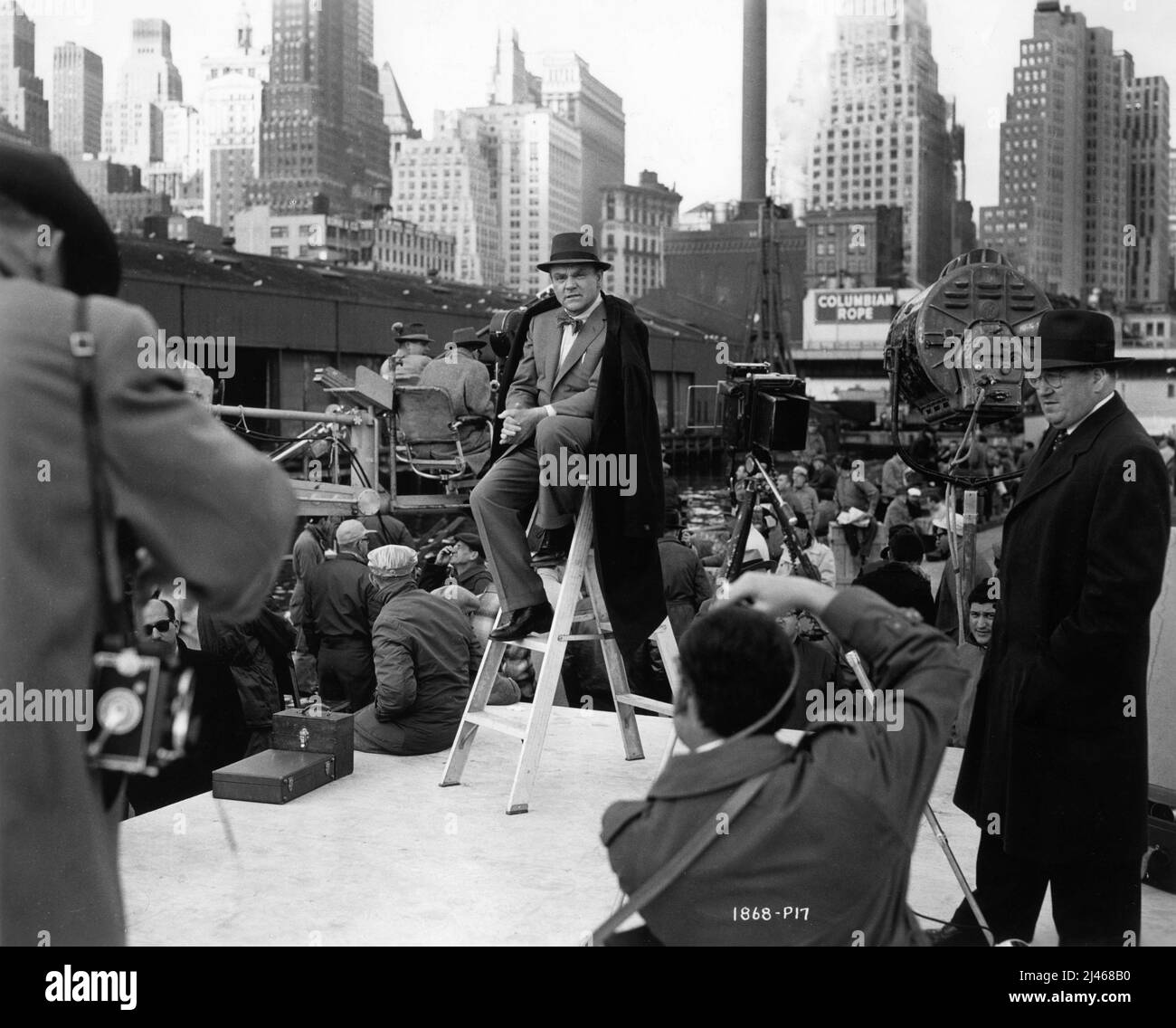 JAMES CAGNEY on set location candid in New York during filming of NEVER STEAL ANYTHING SMALL  1959 director / writer CHARLES LEDERER play Maxwell Anderson and Rouben Mamoulian Universal International Pictures (UI) Stock Photo