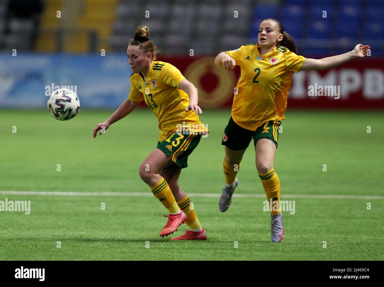 Soccer Football - FIFA Women's World Cup - UEFA Qualifiers - Group I - Kazakhstan v Wales - Astana Arena, Nur-Sultan, Kazakhstan - April 12, 2022 Wales' Rachel Rowe and Lily Woodham in action REUTERS/Pavel Mikheyev Stock Photo