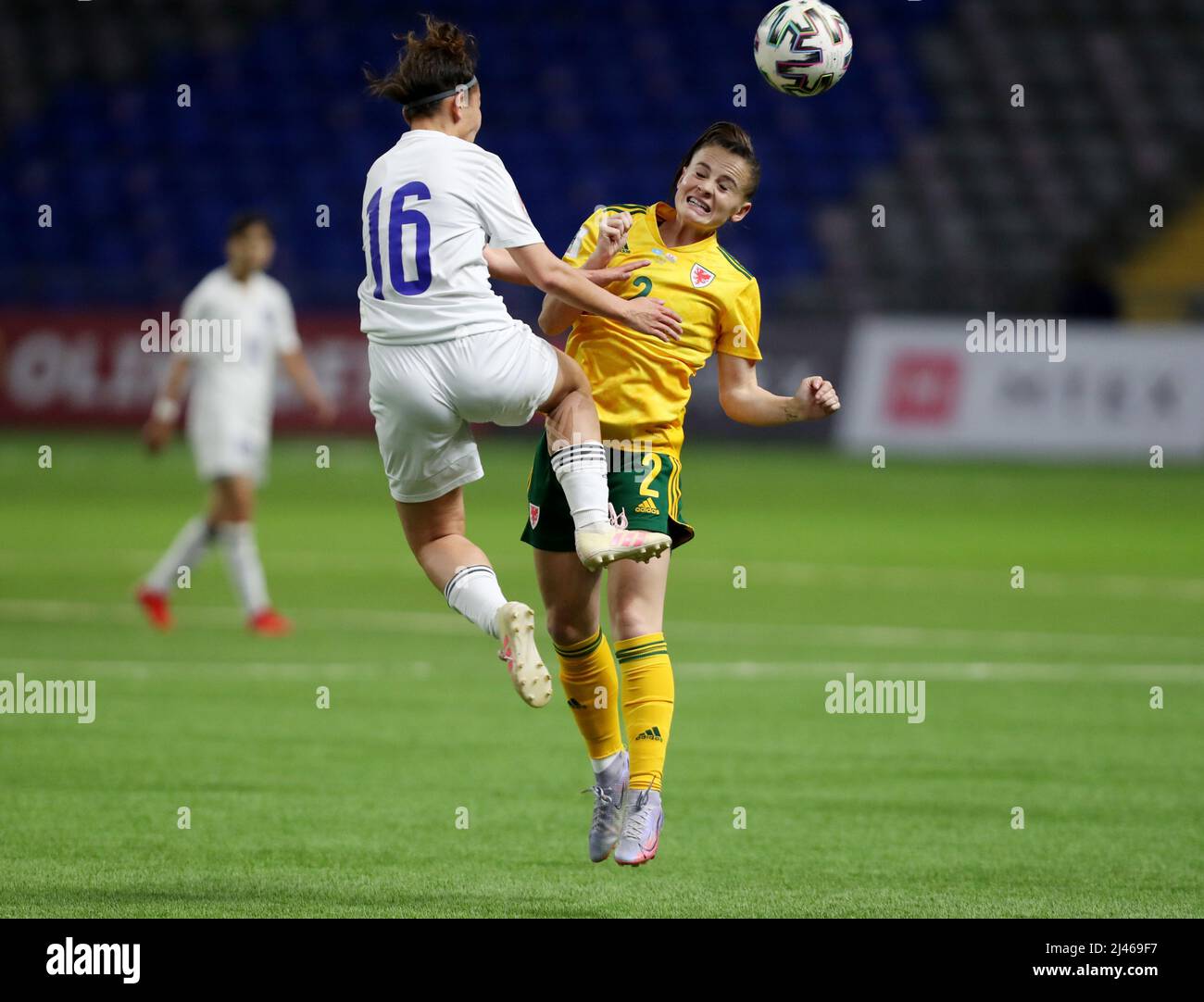 Soccer Football - FIFA Women's World Cup - UEFA Qualifiers - Group I - Kazakhstan v Wales - Astana Arena, Nur-Sultan, Kazakhstan - April 12, 2022 Wales' Lily Woodham in action with Kazakhstan's Asselkhan Turlybekova REUTERS/Pavel Mikheyev Stock Photo