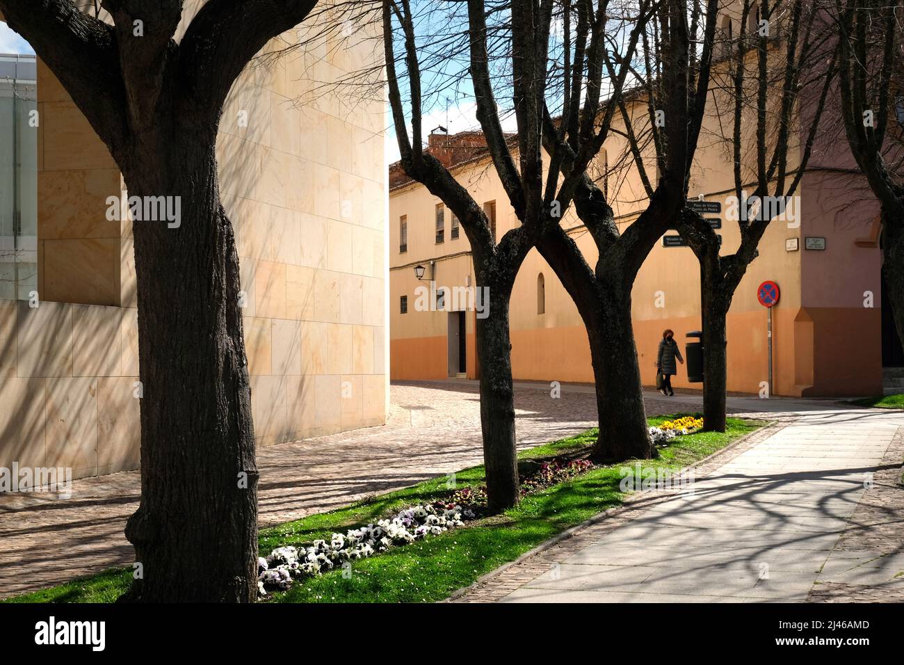 A lone woman walks through the streets of Zamora, Castile and León, Spain Stock Photo