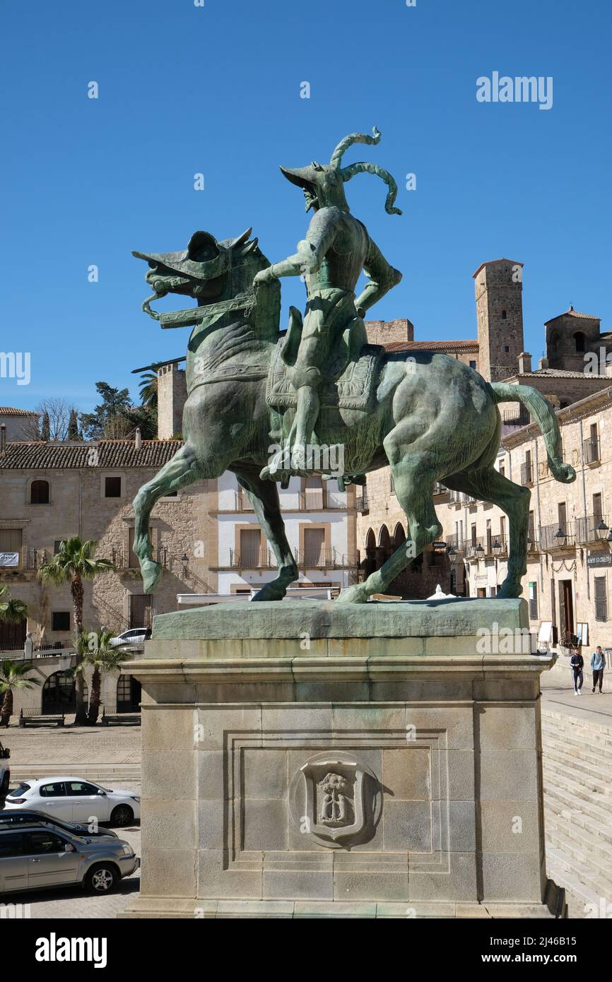 The equestrian statue of conquistador Francisco Pizarro González, Plaza Mayor, Trujillo, Extremadura, Spain. Stock Photo