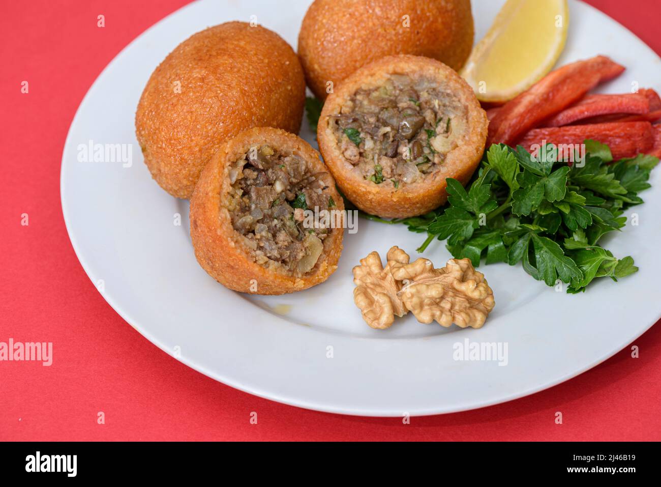 Stuffed meatballs, a traditional Turkish delicacy. Kibbeh is a popular
