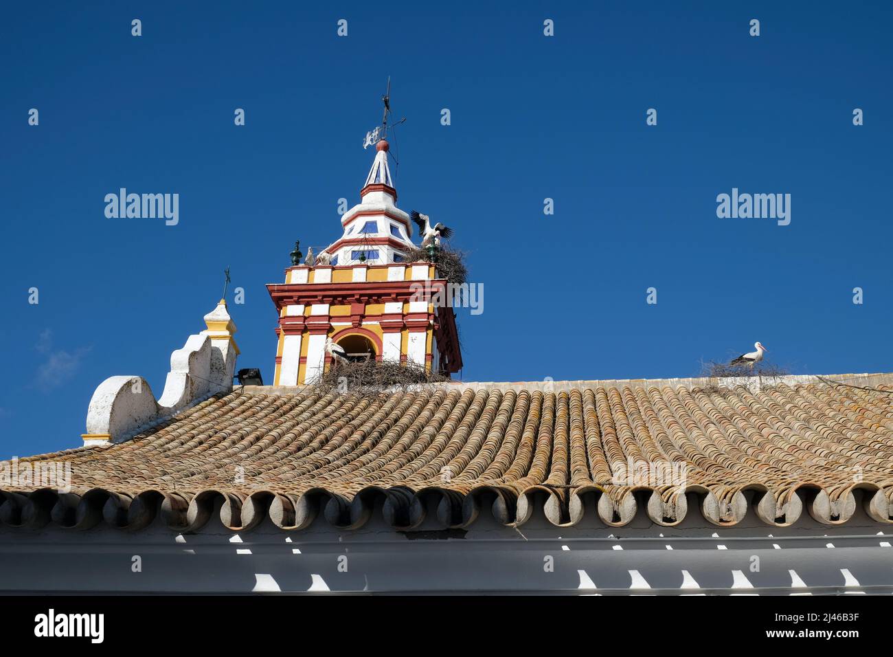 The catholic church in Castilblanco de los Arroyos, Seville, Spain. Storks nest on the bell tower Stock Photo