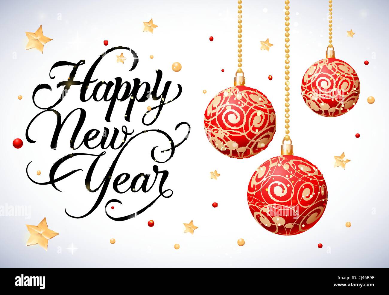 Happy New Year lettering with hanging balls. Calligraphic inscription can be used for greeting card, festive design, posters, banners. Stock Vector