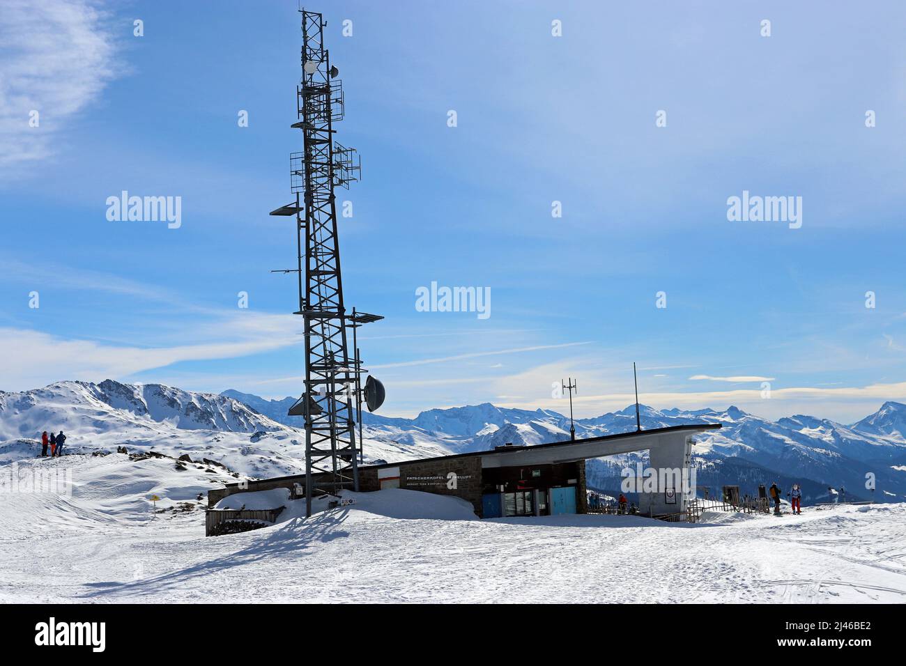 Transmitter mast Patscherkofel mountain summit, standing next to Gipfelstube restaurant, Innsbruck-Igls, Austrian Alps Stock Photo