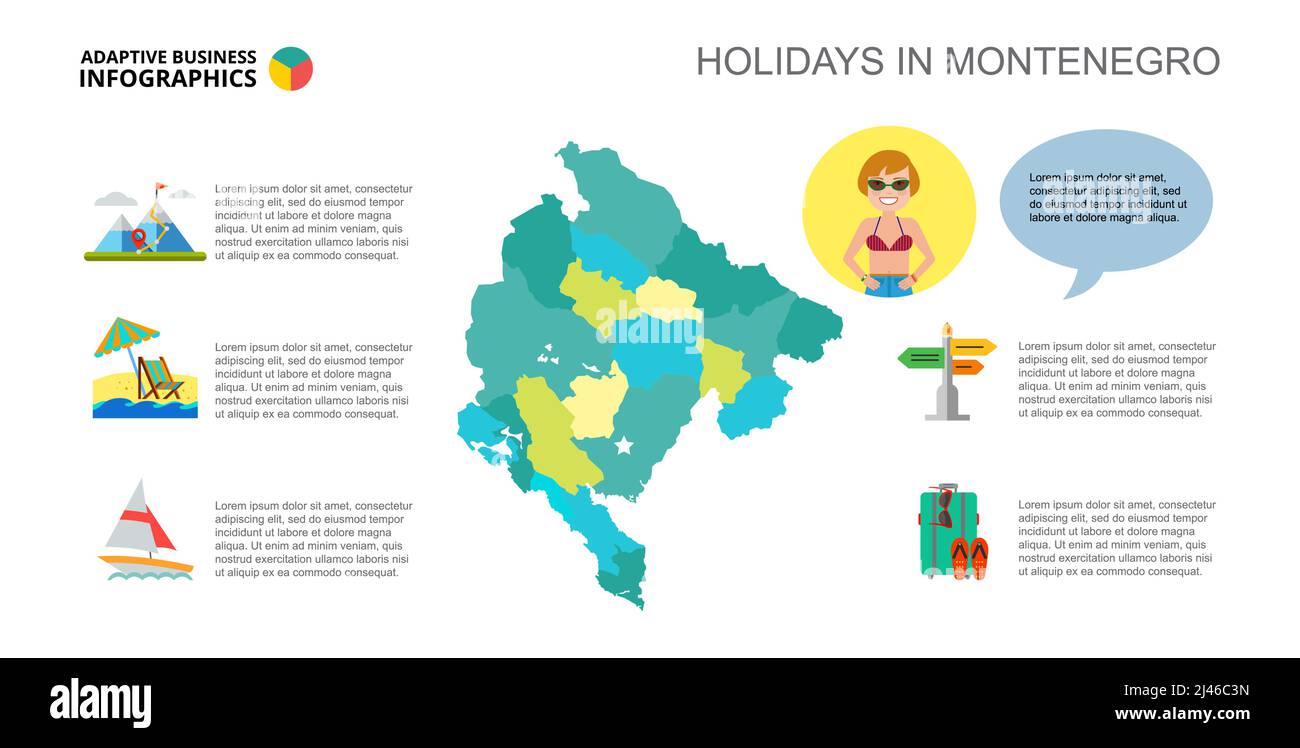 Holidays in Montenegro process chart. Business data. Vacation, diagram, design. Creative concept for infographic, templates, presentation. Can be used Stock Vector