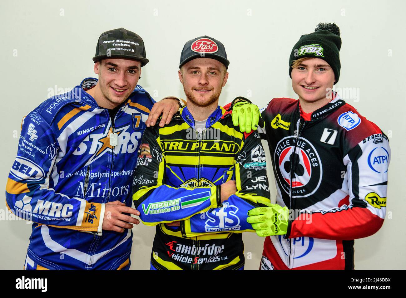 MANCHESTER, UK. APRIL 12TH: Three Ring Stars: (l-r) Jack Thomas, Connor Mountain, Tom Brennan at the Discovery Networks Eurosport Speedway Season Launch at the National Speedway Stadium, Manchester on Tuesday 12th April 2022 (Credit: Ian Charles | MI News) Credit: MI News & Sport /Alamy Live News Stock Photo
