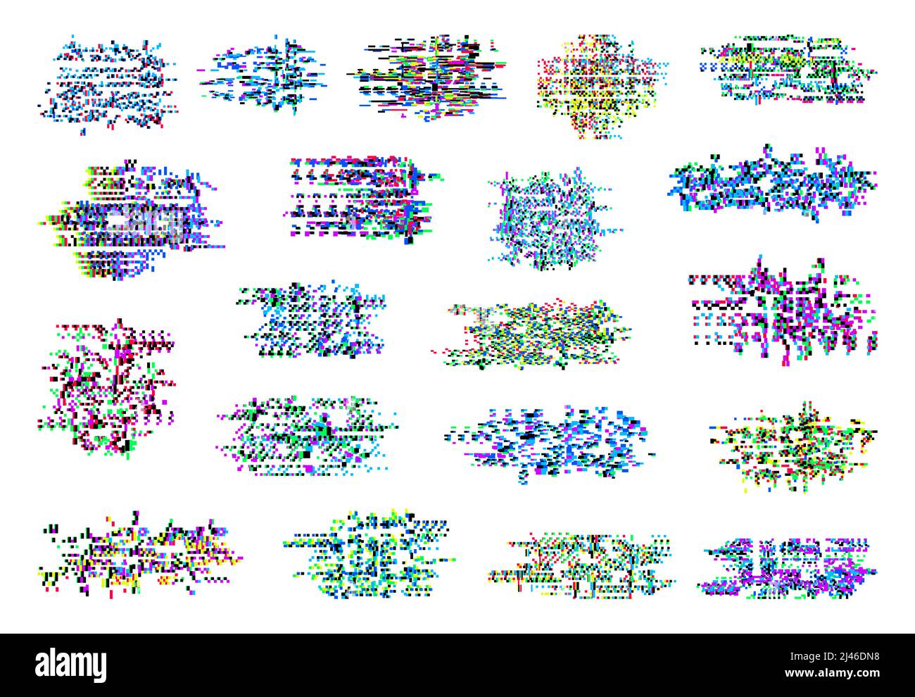 TV color pixel noise glitch on monitor, signal decay or screen bugs, vector effects. VHS video error glitches and decay distortion for screen display, pixel noise bugs of digital television Stock Vector