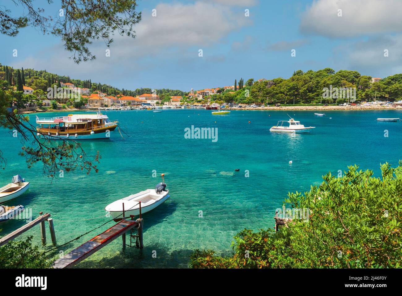 Popular touristic resort Cavtat town near Dubrovnik in Croatia with turquoise water bay. Summer vacation concept Stock Photo