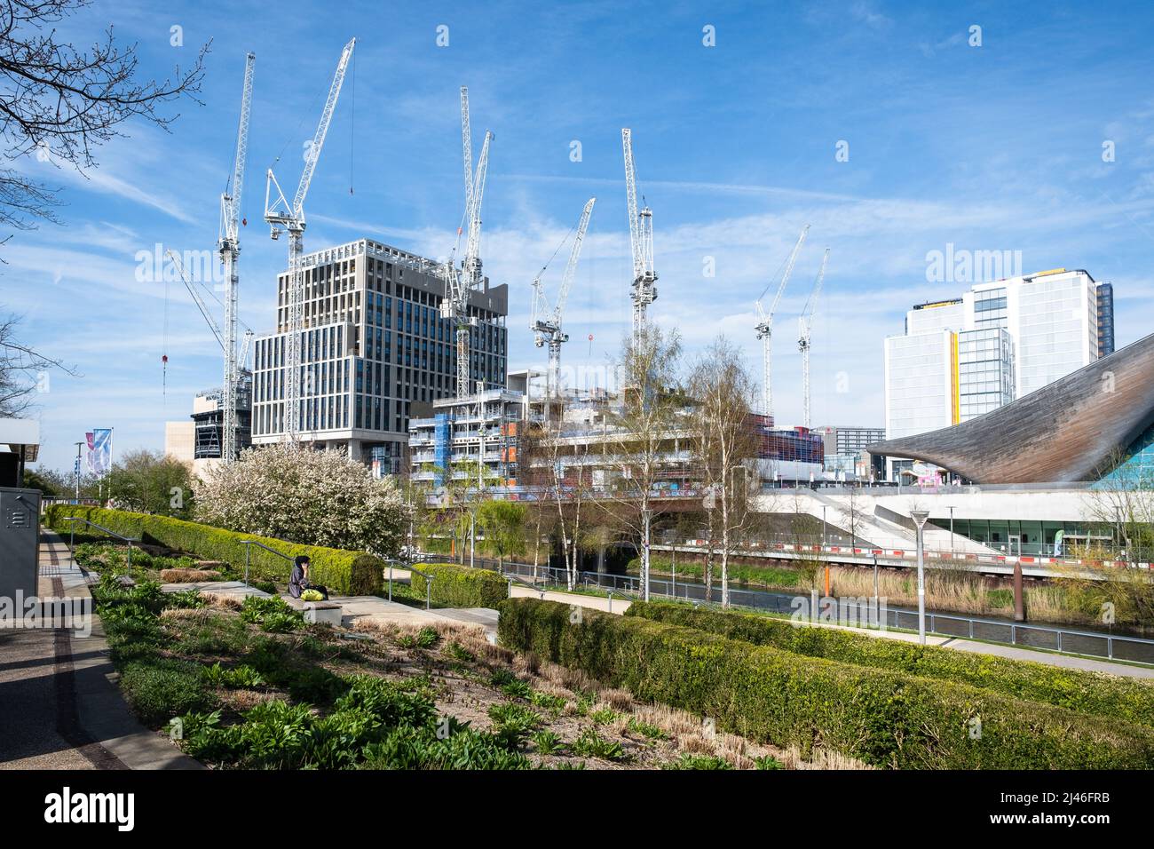 London, England – 2022 : BBC, Sadler's Wells, UAL’s London College of Fashion under construction, East Bank, Queen Elizabeth Olympic Park, Stratford Stock Photo