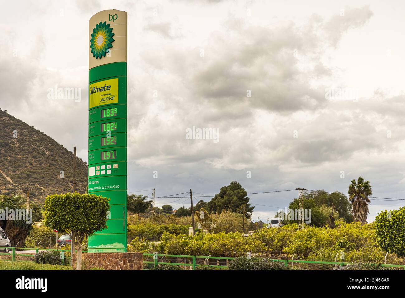 MALAGA, SPAIN - APRIL 8: Fuel prices at a BP gas station on April 8th, 2022 in Malaga, Spain. To offset soaring energy costs, the spanish government Stock Photo
