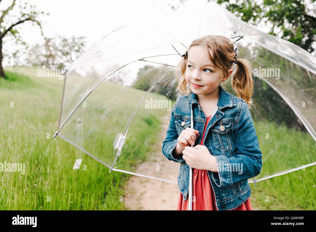 little girl with pigtails holding clear umbrella outdoors in spring Stock Photo