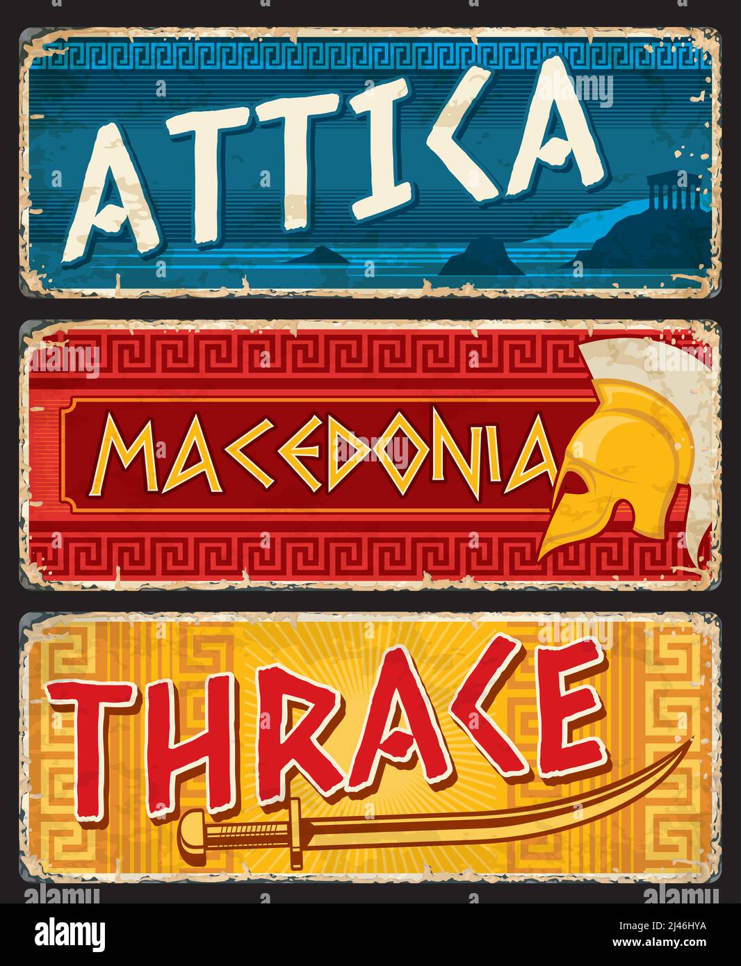 Attica, Macedonia and Thrace greek regions plates. Greece regions grunge vector plate, vintage tin sign with shabby sides, typography and macedonian helmet, Thracian ancient Sica sword weapon Stock Vector