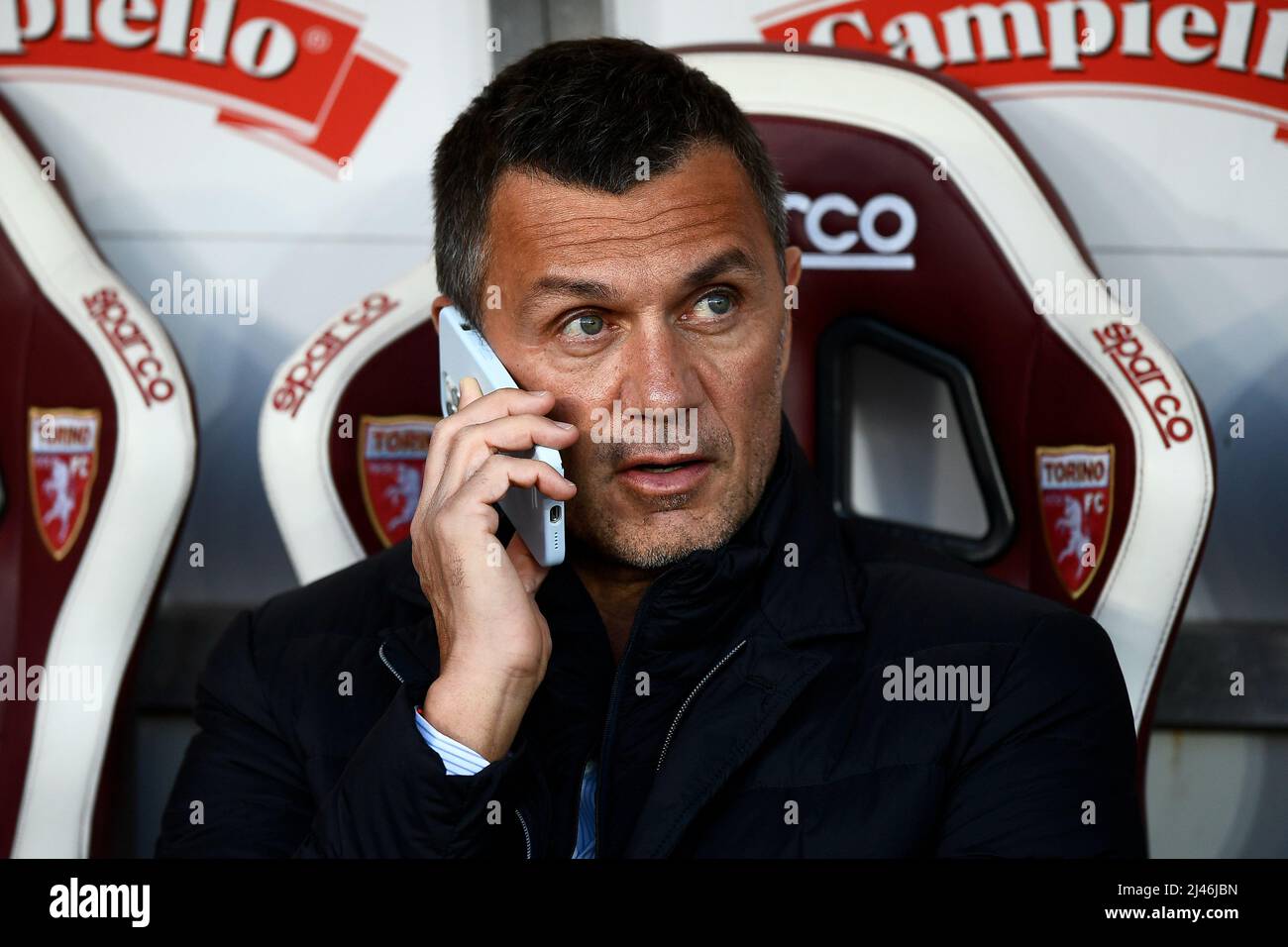 Turin, Italy. 10 April 2022. Paolo Maldini, technical area director of AC  Milan, talks on the phone prior to the Serie A football match between  Torino FC and AC Milan. The match