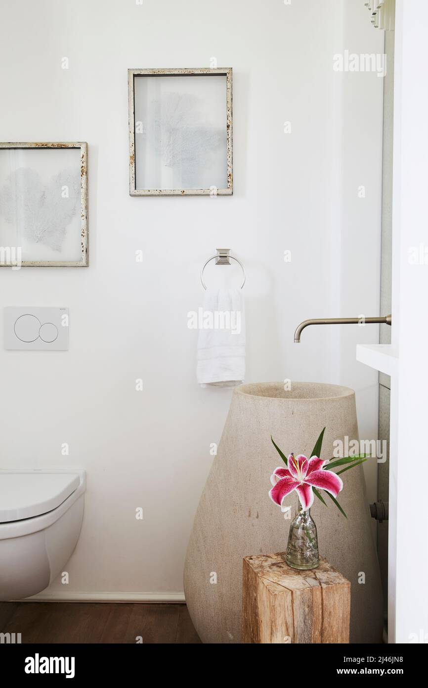Powder room with pink lily Stock Photo