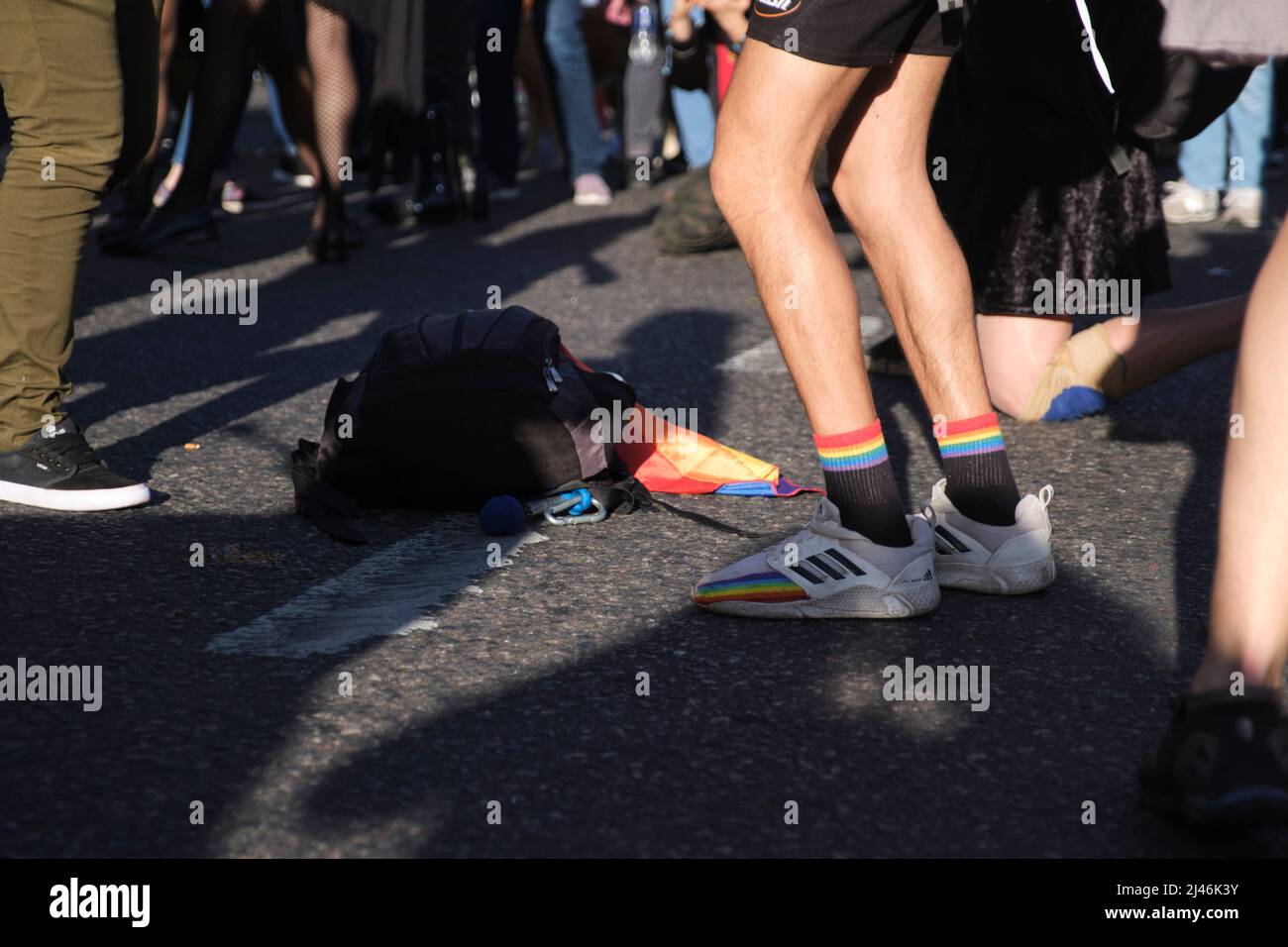 Buenos Aires, Argentina; Nov 6, 2021: LGBT Pride Parade. Rainbow flag details. Rainbow flag on socks and shoes, a symbol of pride displayed in many wa Stock Photo
