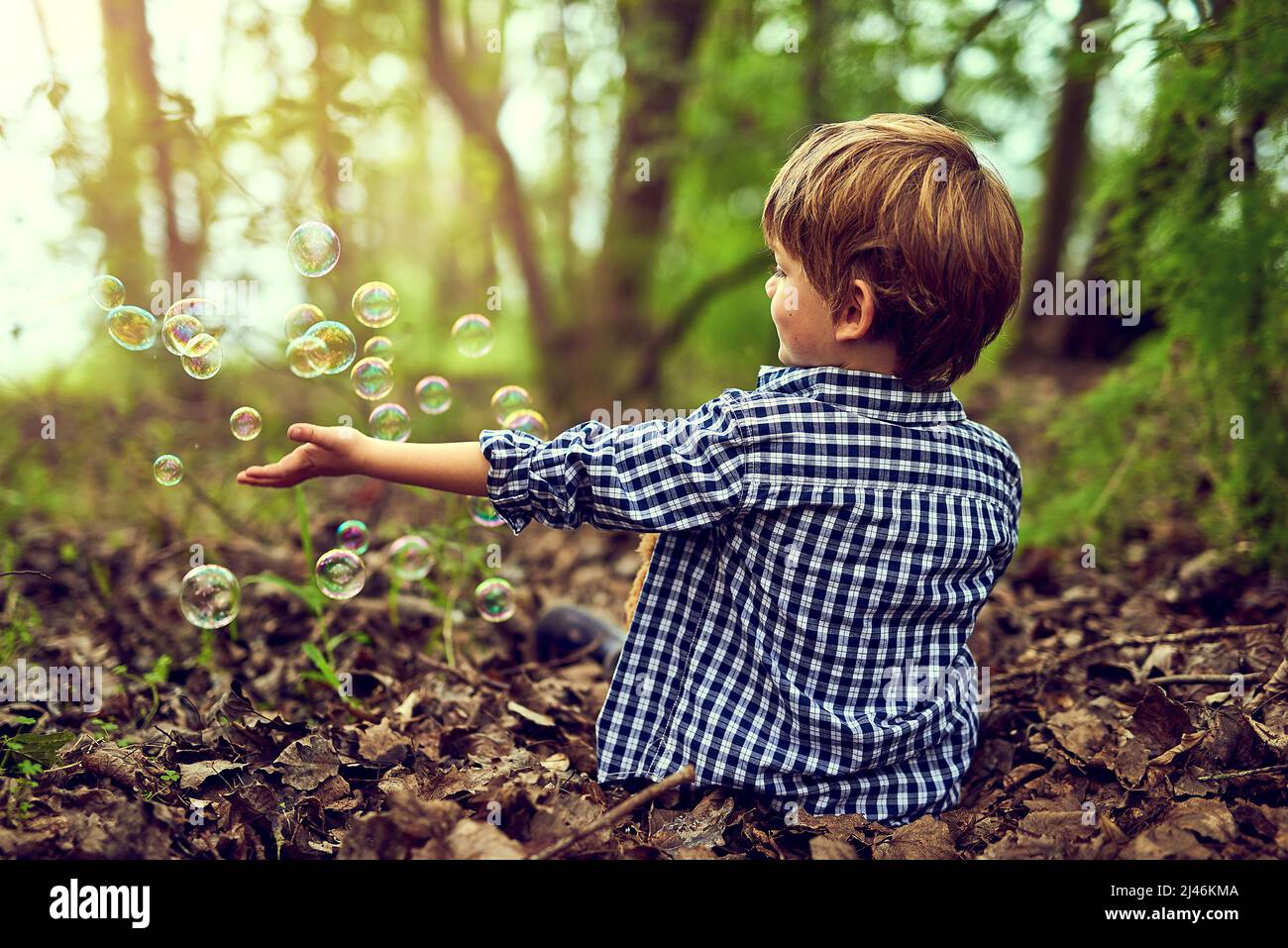 Fascinated by the magic of bubbles. Shot of a little boy playing with bubbles while sitting alone in the forest. Stock Photo