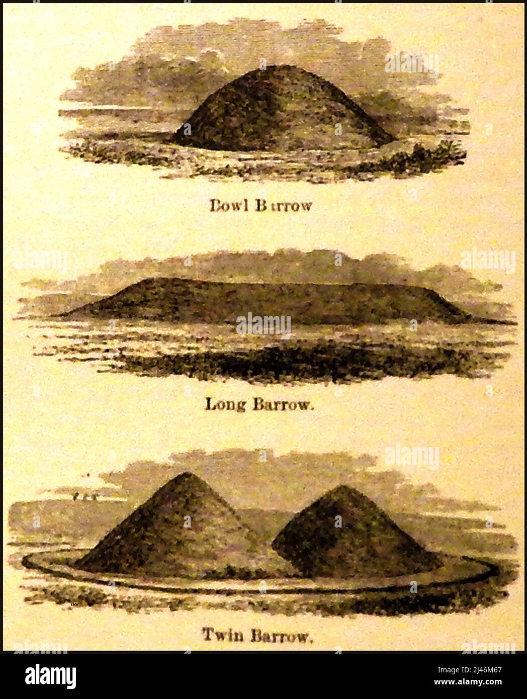 A 19th century illustration showing ancient Bowl, Long & twin British Barrows (Burial Mounds or Tumuli). These varied in size enormously ranging from single burials to mass graves. Most contained grave goods and even horses and other animals. They occur throughout the world. They are sometimes called Hows or Howes indicating possibly that dead individuals were buried in their own makeshift home before it was covered in soil and stones. Stock Photo