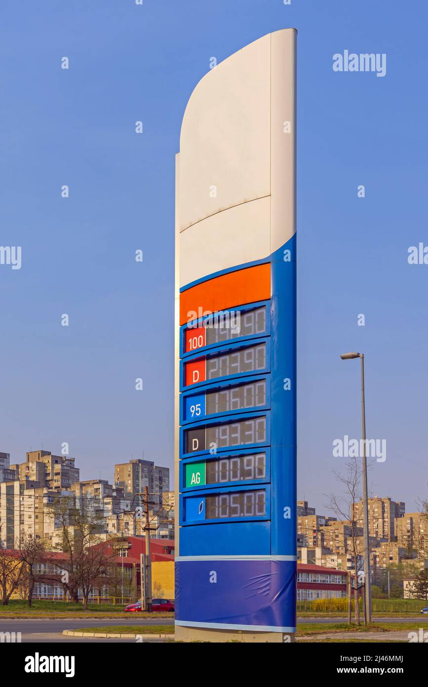 Petrol Station Fuel Prices at Tall Totem Tower in City Stock Photo Alamy