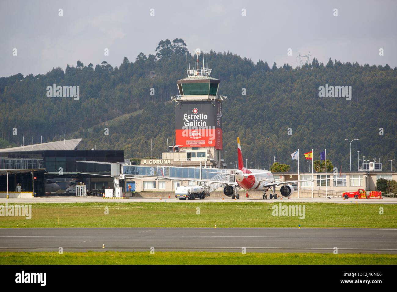 A Coruña-Spain. Alvedro Airport in A Coruña with several passenger planes parked on the runway as of March 30, 2022 Stock Photo