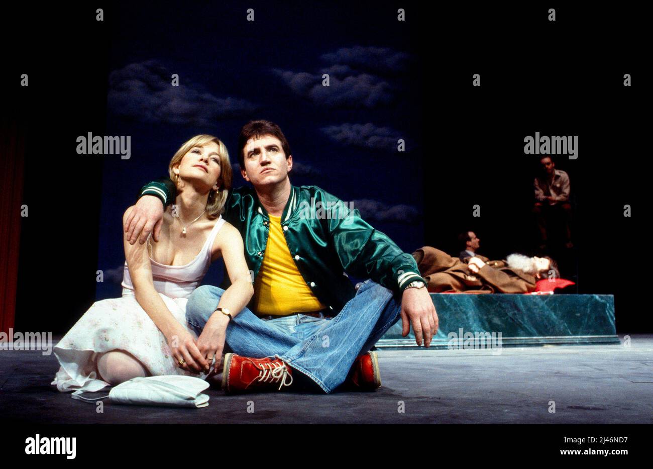 Judy Geeson (Lizzie), Michael Melia (Meff) in NEXT TIME I’LL SING TO YOU by James Saunders at the Greenwich Theatre, London SE10  17/04/1980  design: Bernard Culshaw  director: Toby Robertson Stock Photo