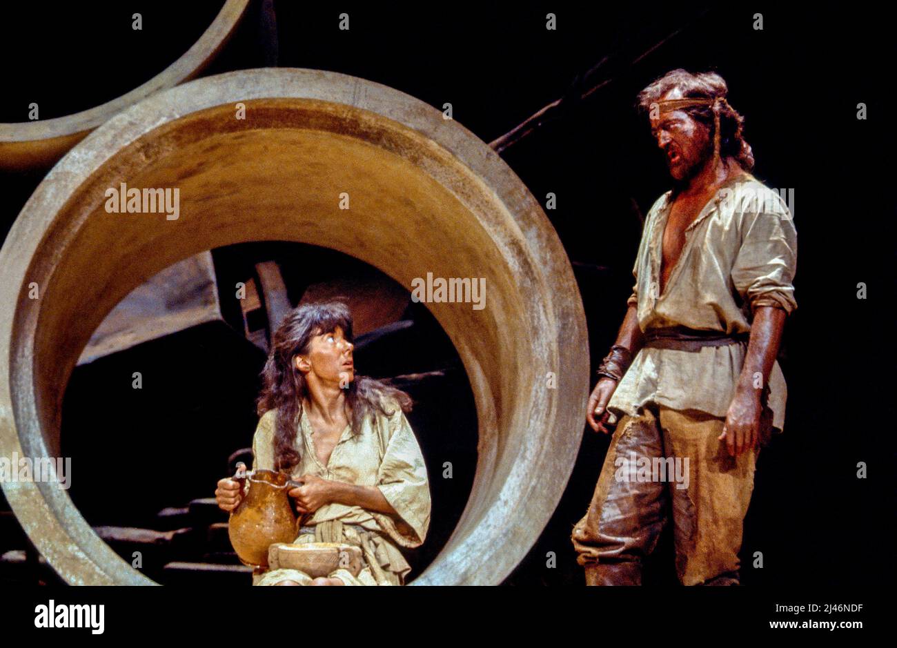 Mary Maddox (Sal Gromer), Ian Hogg (Jeremiah Stiggens) in THEE AND ME by Philip Martin at the Lyttelton Theatre, National Theatre (NT), London SE1  26/02/1980  set design: Sue Plummer  costumes: Lindy Hemming  lighting: Gerry Jenkinson  director: Michael Rudman Stock Photo