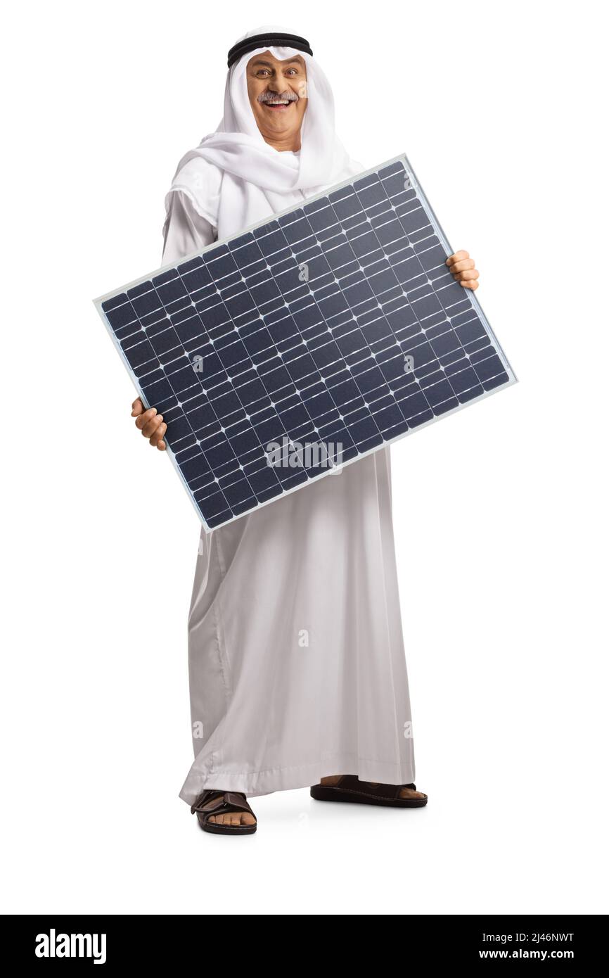 Cheerful arab man holding a solar panel isolated on white background Stock Photo