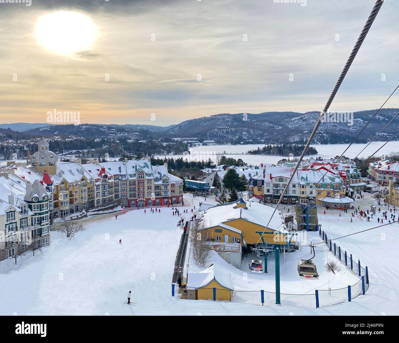 Mont Tremblant in winter with funiculars on the foreground, Quebec, Canada Stock Photo