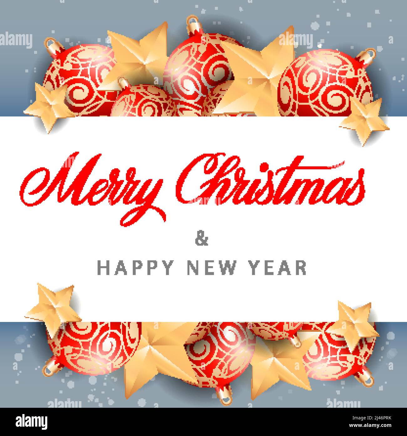 Merry Christmas lettering. Christmas greeting card with balls and stars ...