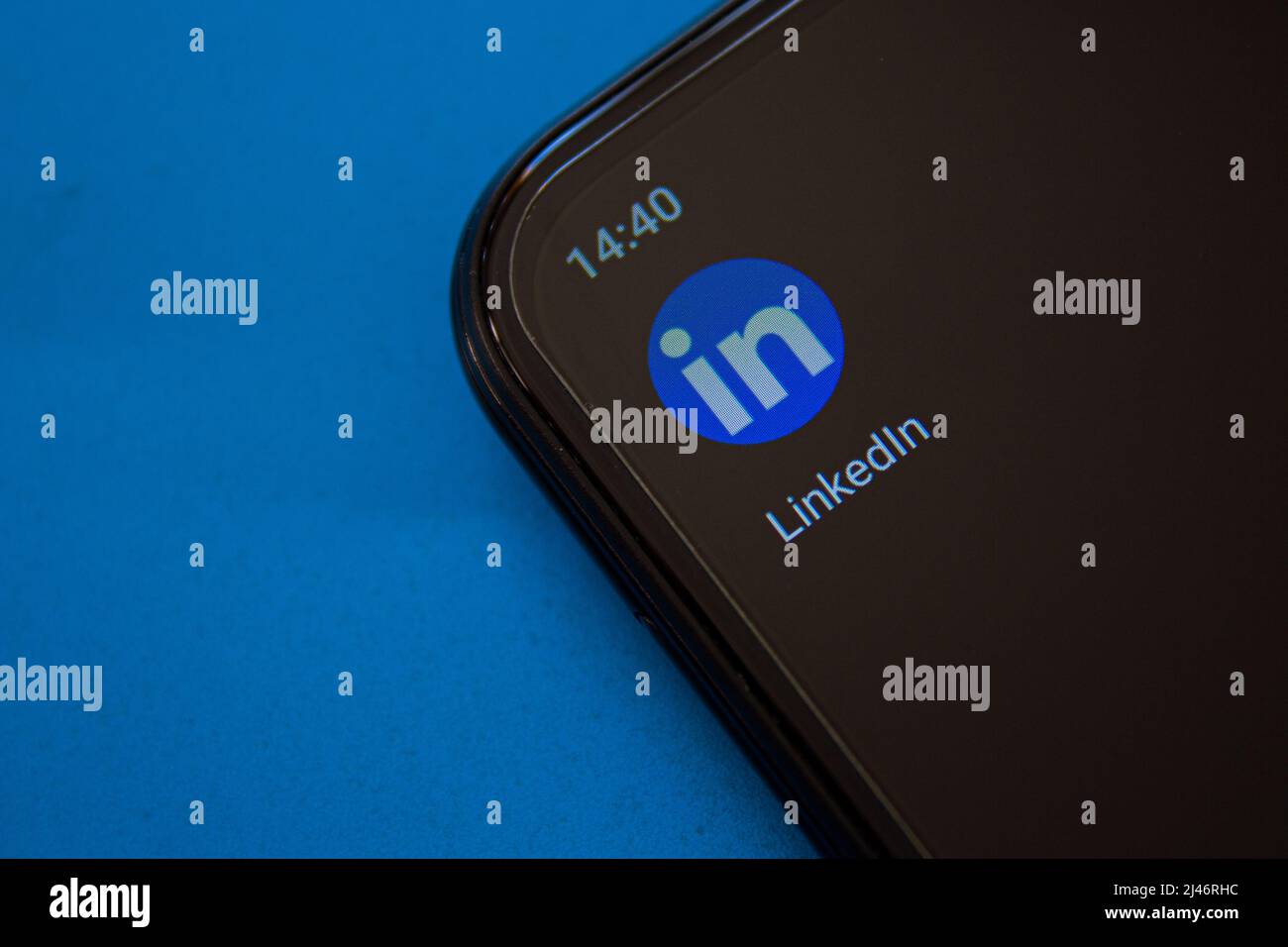 Linkedin mobile application logo on smartphone screen. Afyonkarahisar, Turkey - April 10, 2022. Stock Photo