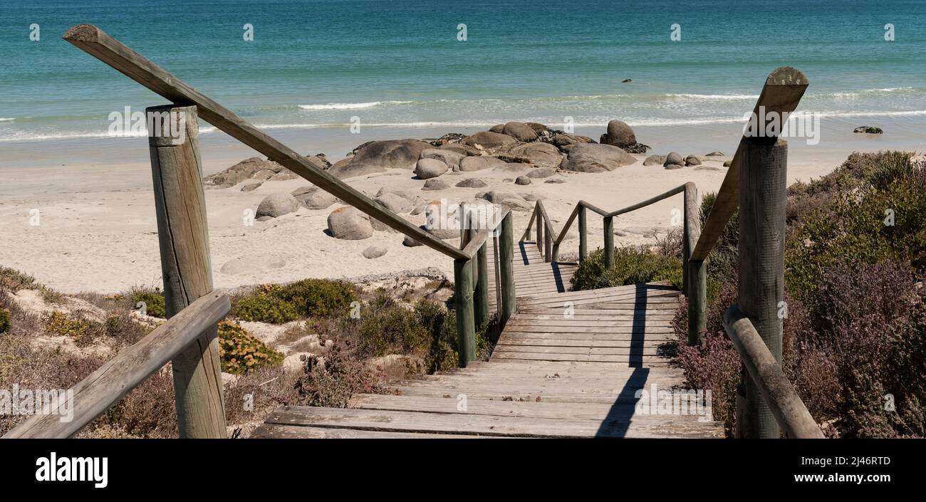 Langabaan, west coast, South Africa. 2022. Wooden steps down to a quiet