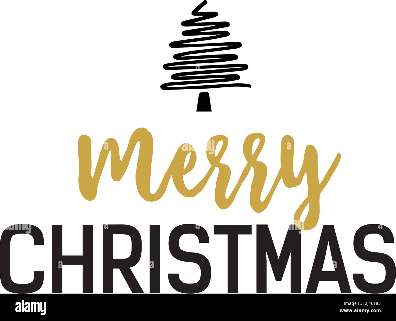 Merry Christmas lettering. Winter inscription with tree line drawing above text. Handwritten text, calligraphy. Can be used for greeting cards, poster Stock Vector