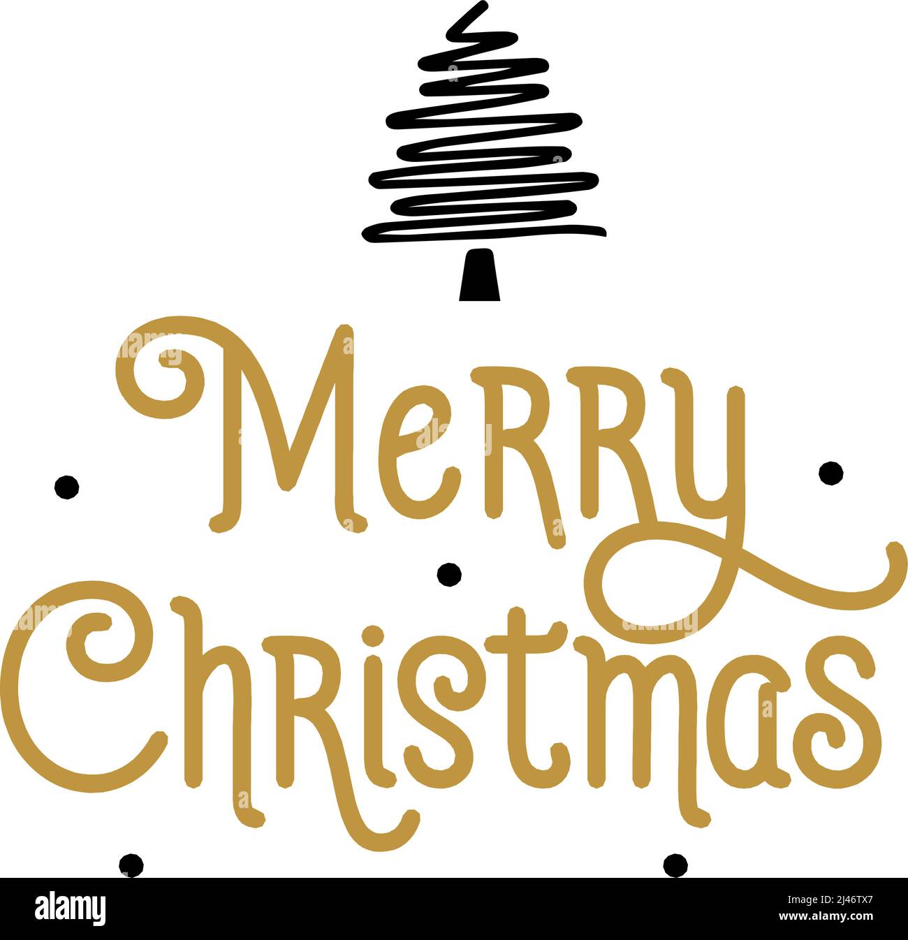 Merry Christmas lettering. Calligraphic inscription with fir tree and black dots. Handwritten text, calligraphy. Can be used for greeting cards, poste Stock Vector