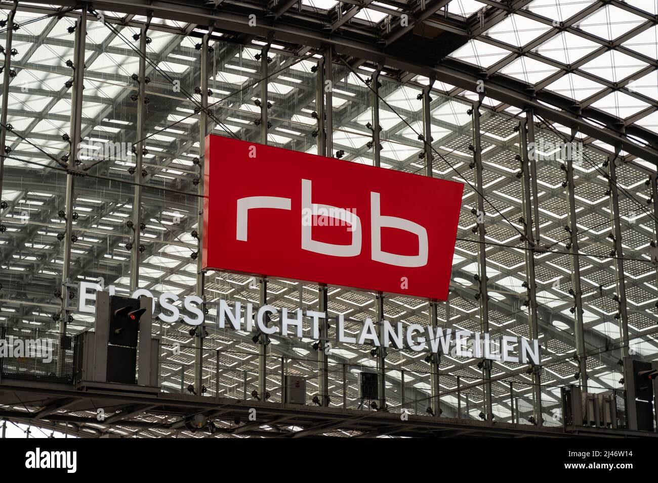 Rundfunk Berlin-Brandenburg (rbb) logo in the main station. A public broadcasting service in Germany. Huge sign as advertisement for television. Stock Photo