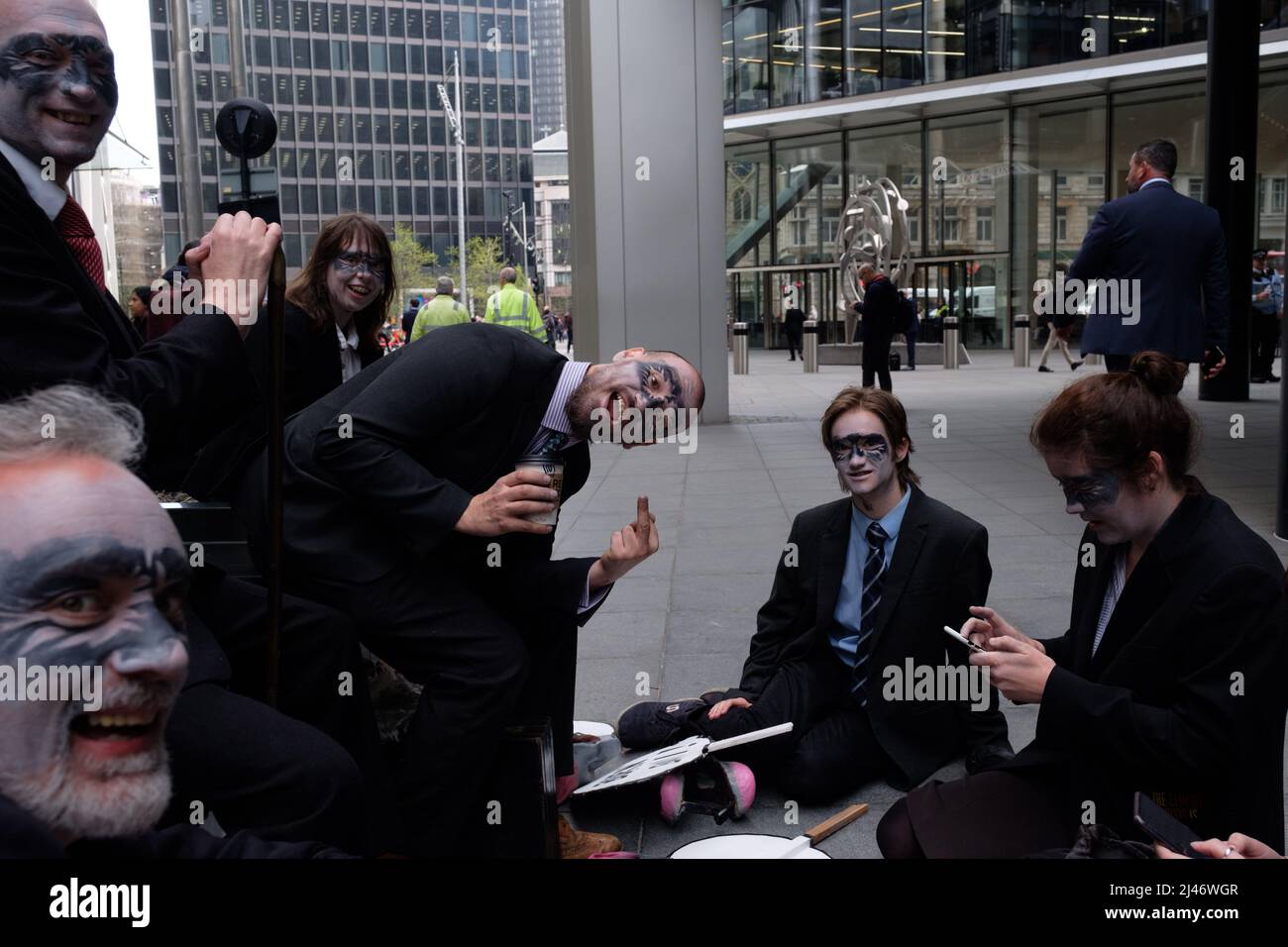 London, UK. 12th Apr, 2022. 40 Extinction Rebellion (XR) activists blocked all entrances to Lloyds of London, shutting the building for the day. Lloyd's of London insures 40% of the world's coal, oil and gas projects. XR is demanding they stop insuring fossil fuels. Today was part of a week long wave of protests and civil disobedience actions to demand an immediate stop to all new fossil fuel infrastructure by the British government amid the climate crisis and ecological emergency. Stock Photo