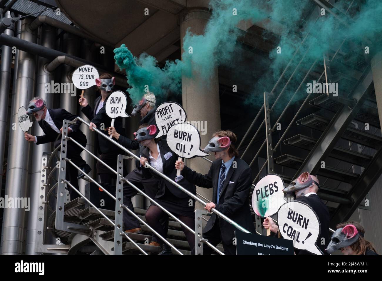London, UK. 12th Apr, 2022. 40 Extinction Rebellion (XR) activists blocked all entrances to Lloyds of London, shutting the building for the day. Lloyd's of London insures 40% of the world's coal, oil and gas projects. XR is demanding they stop insuring fossil fuels. Today was part of a week long wave of protests and civil disobedience actions to demand an immediate stop to all new fossil fuel infrastructure by the British government amid the climate crisis and ecological emergency. Stock Photo