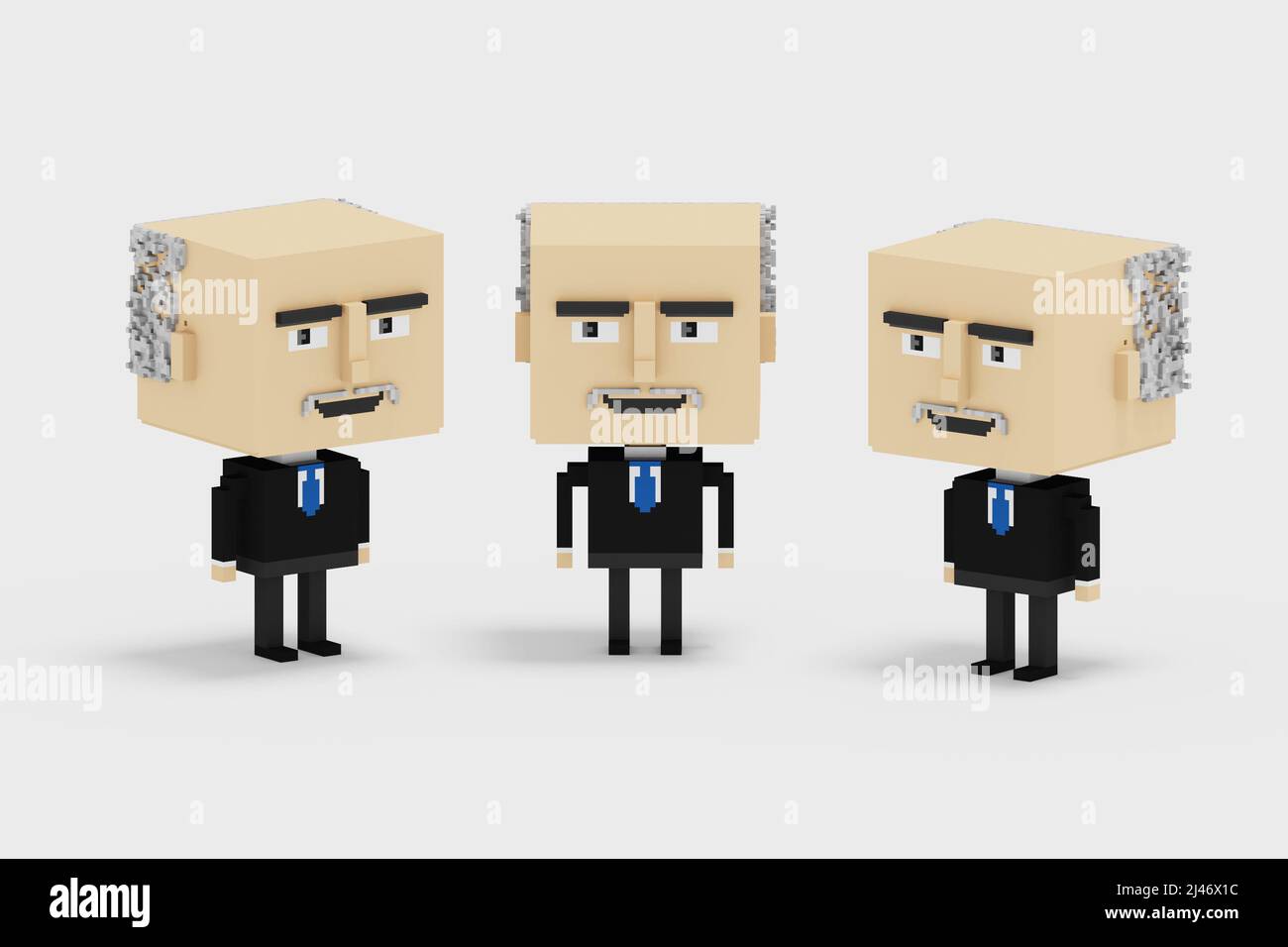 3D illustration of businessman in a black suit and blue tie cube block. 3D rendering voxels isolated in white background. Standing at different angles. Stock Photo