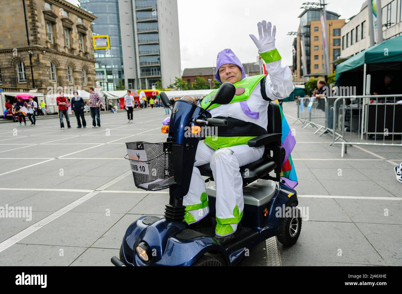 Belfast, Northern Ireland.  31st July 2010.  Gay rights campaigner PA Maglochlainn dressed in a Buzz Lightyear costume in advance of the annual Belfast Gay Pride parade. Stock Photo
