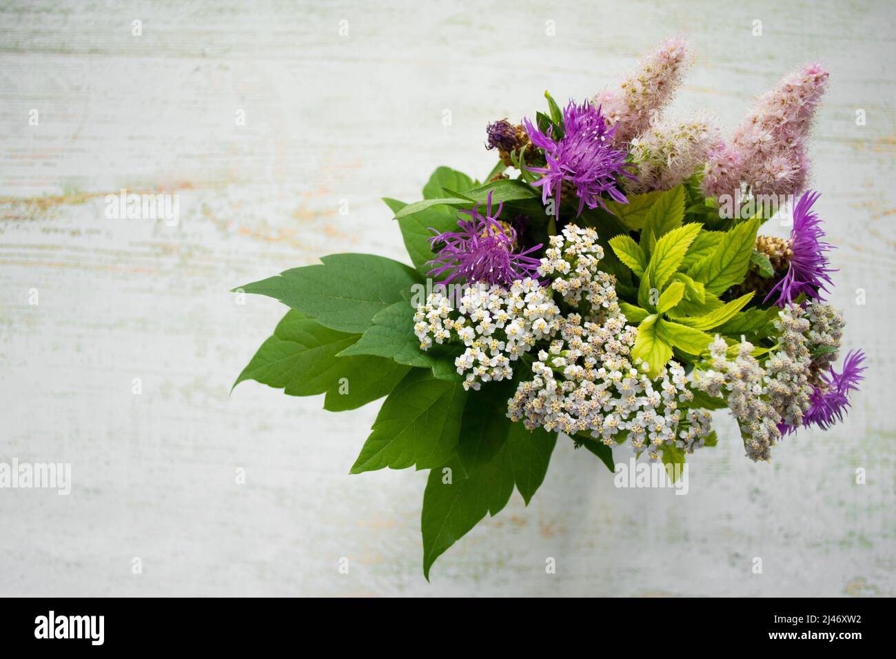 A bouquet of wild flowers on a wooden background. Rustic style. Copy space. Stock Photo