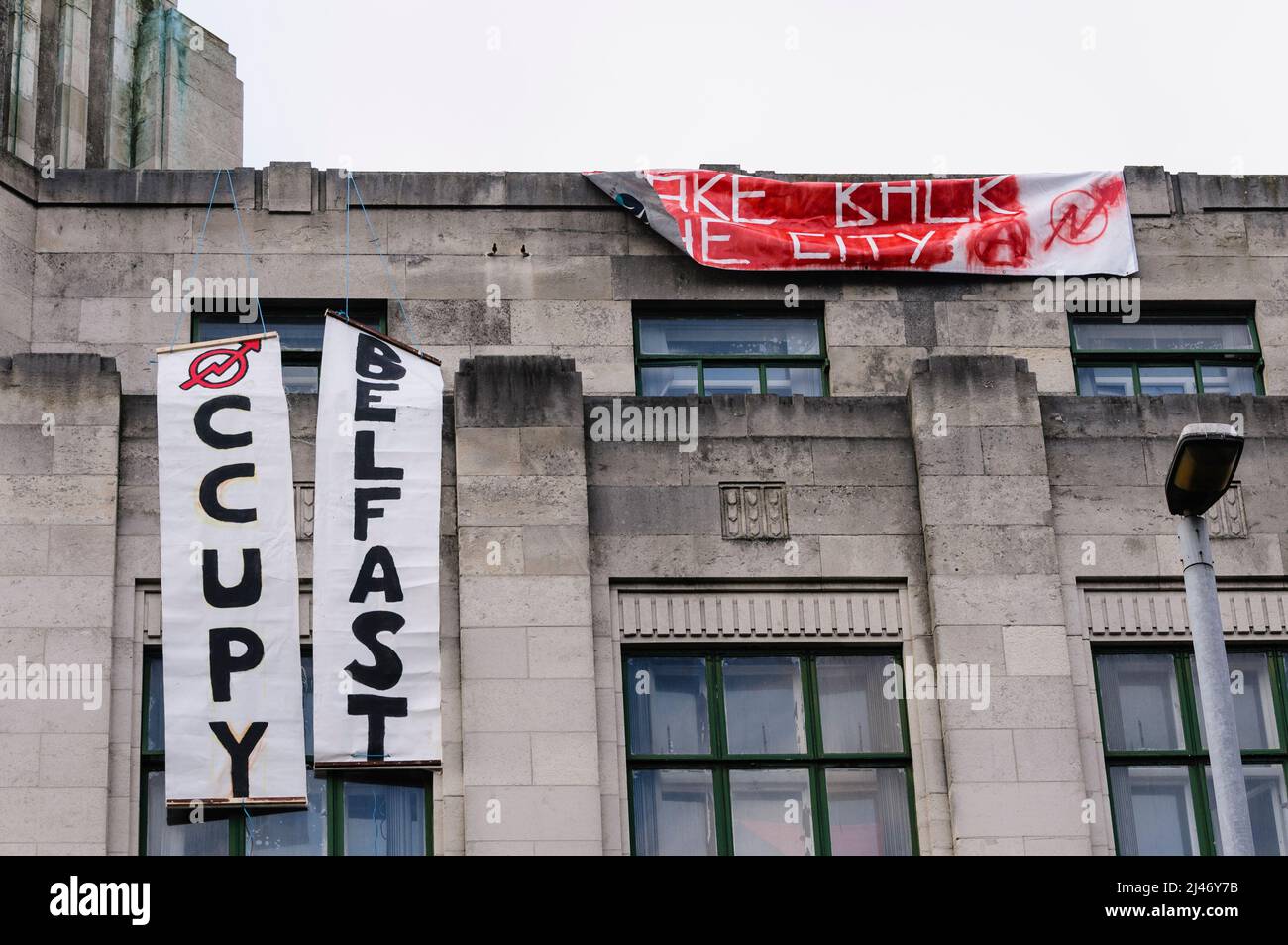 Occupy Belfast take over the old Bank of Ireland Building. BELFAST, 16/01/2012 Stock Photo