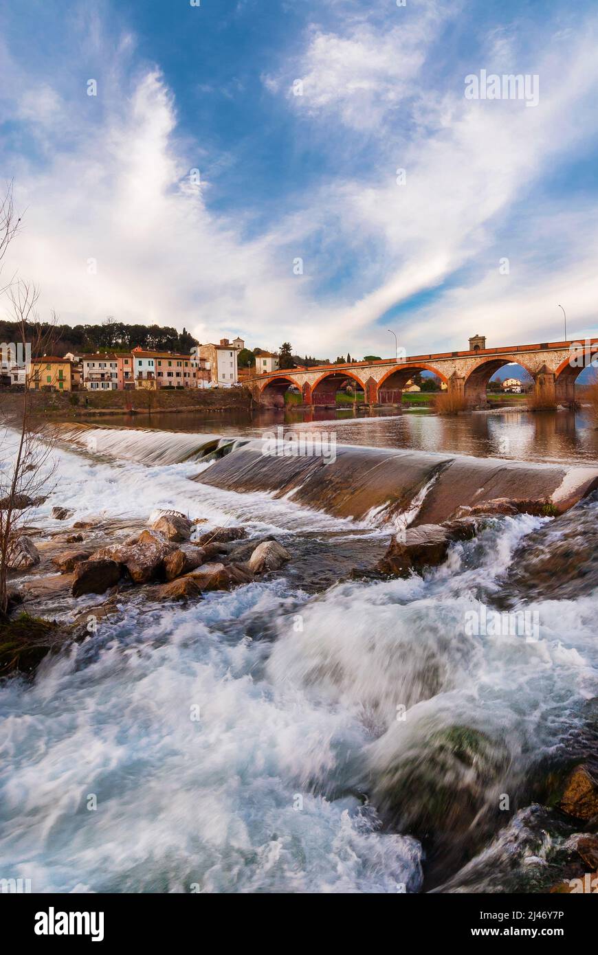 Winter view of Monte San Quirico and River Serchio rapids near the city of Lucca Stock Photo
