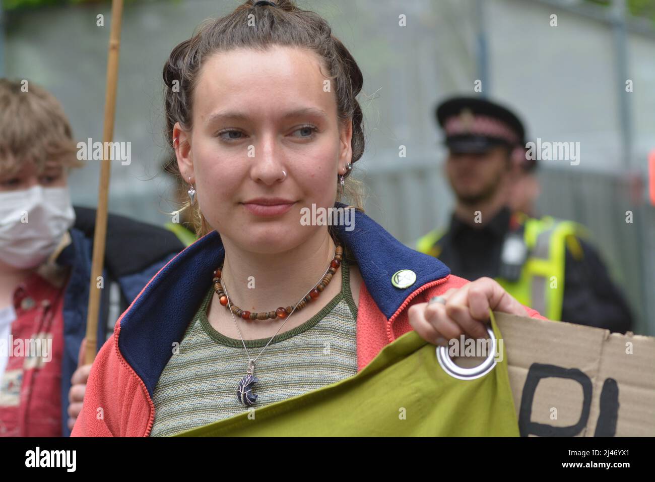 the climate activists xr  group took to the black rock hq following through to block london city roads 'Our reliance on fossil fuels is funding wars, Stock Photo