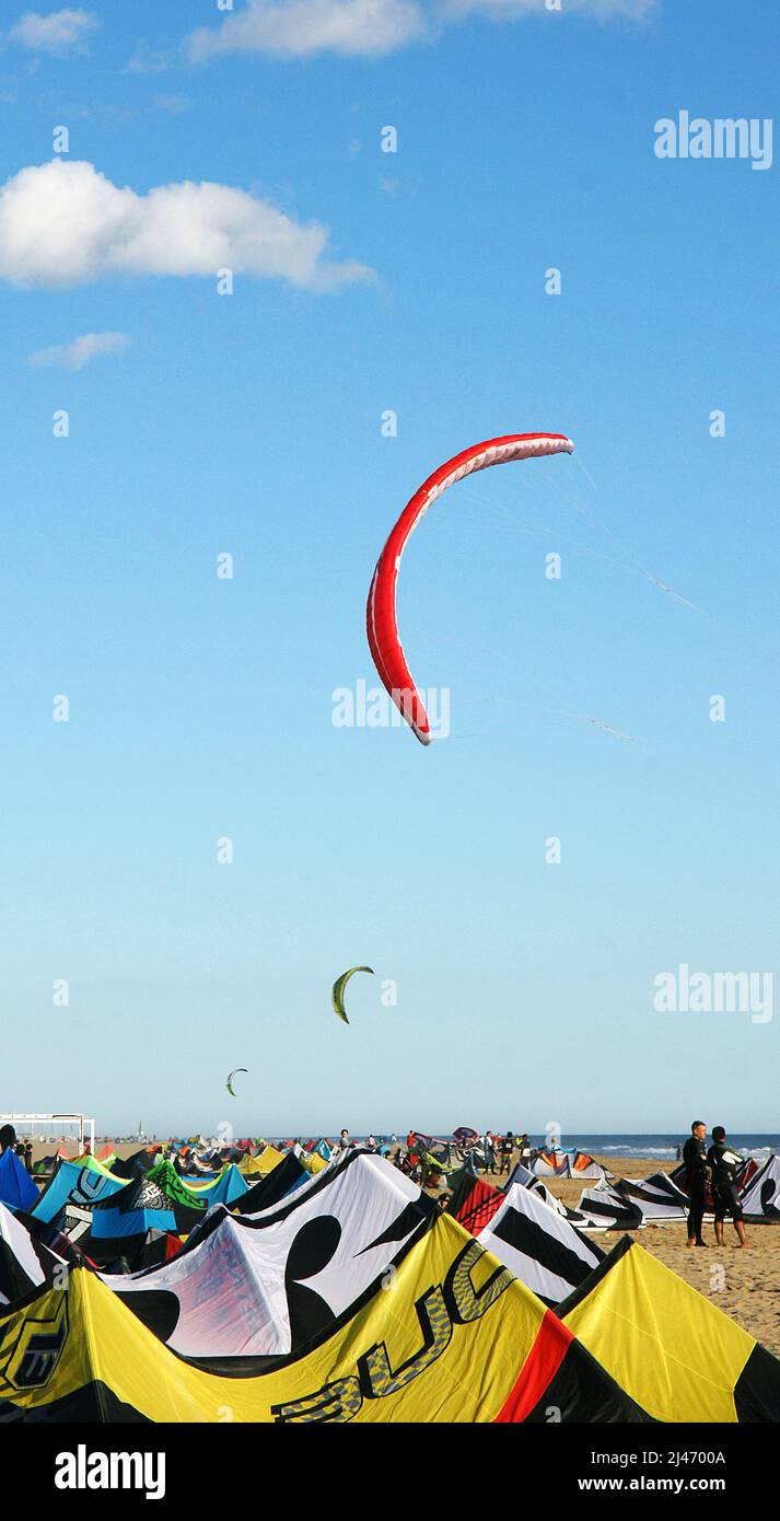 Kitesurfing kites on the beach of Castelldefels, Barcelona, Catalunya